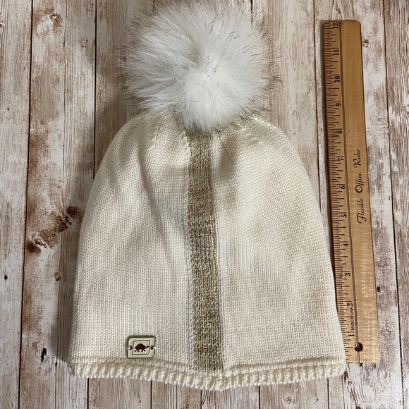 Turtlefur Fleece Lined Hat Cream with Gold Stripe and PomPom Winter Bean… - Picture 5 of 10